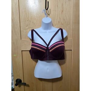 Boutique Womens 1X Burgundy & Pink Strappy Bikini top With Geometric Pattern